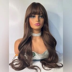 Chestnut Brown Wig with Bangs for Women – Long Wavy Heat Resistant Wig